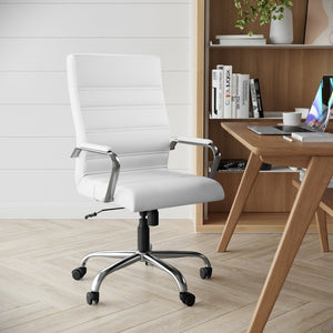 English Elm Whitney High Back Executive Swivel Office Chair - Ergonomic Comfort for Productive Workdays White LeatherSoft/Chrome Frame GO-2286H-WH-GG