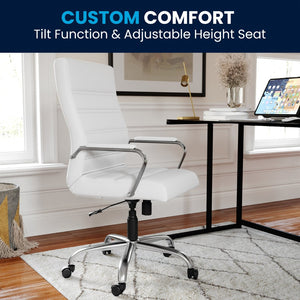 English Elm Whitney High Back Executive Swivel Office Chair - Ergonomic Comfort for Productive Workdays White LeatherSoft/Chrome Frame GO-2286H-WH-GG