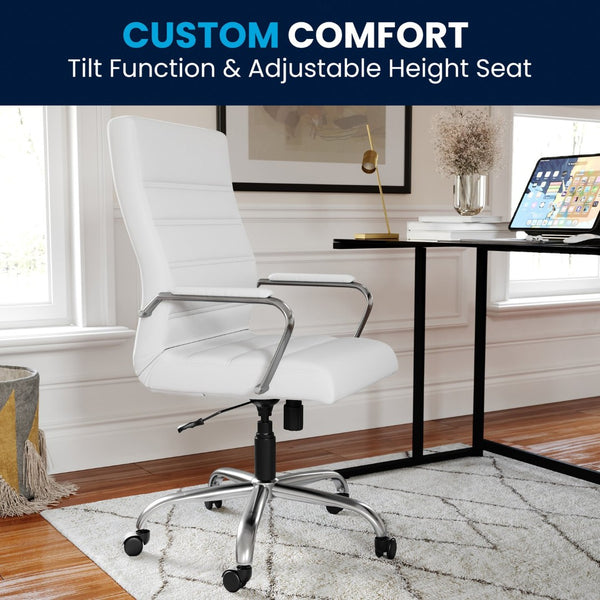 English Elm Whitney High Back Executive Swivel Office Chair - Ergonomic Comfort for Productive Workdays White LeatherSoft/Chrome Frame GO-2286H-WH-GG