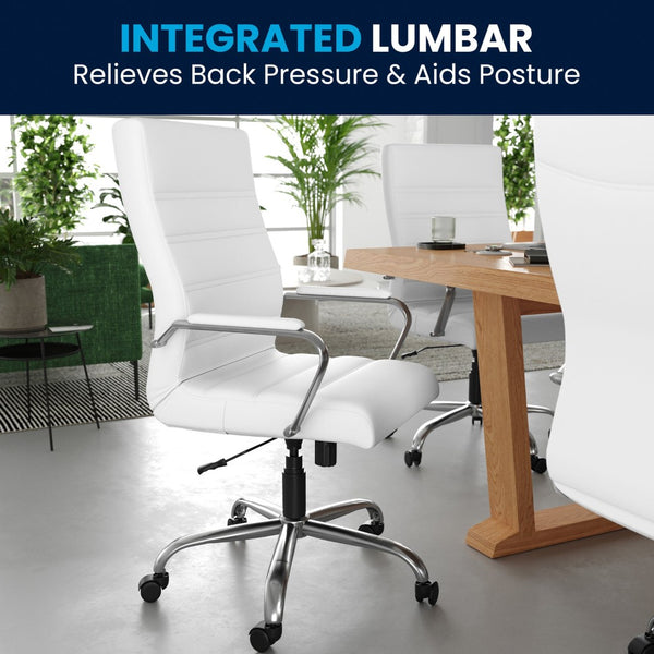 English Elm Whitney High Back Executive Swivel Office Chair - Ergonomic Comfort for Productive Workdays White LeatherSoft/Chrome Frame GO-2286H-WH-GG