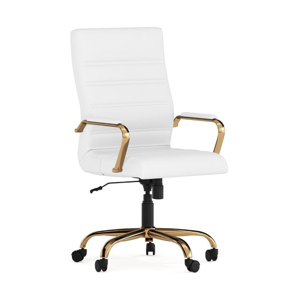 English Elm Whitney High Back Executive Swivel Office Chair - Ergonomic Comfort for Productive Workdays White LeatherSoft/Gold Frame GO-2286H-WH-GLD-GG