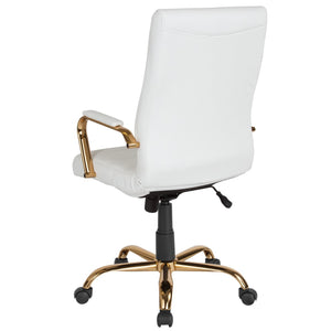 English Elm Whitney High Back Executive Swivel Office Chair - Ergonomic Comfort for Productive Workdays White LeatherSoft/Gold Frame GO-2286H-WH-GLD-GG