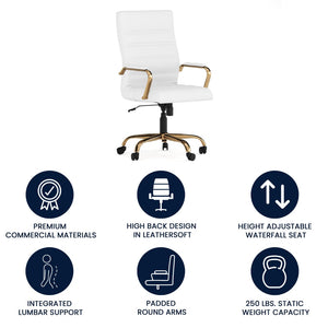 English Elm Whitney High Back Executive Swivel Office Chair - Ergonomic Comfort for Productive Workdays White LeatherSoft/Gold Frame GO-2286H-WH-GLD-GG
