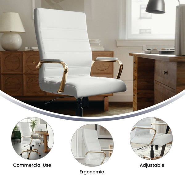 English Elm Whitney High Back Executive Swivel Office Chair - Ergonomic Comfort for Productive Workdays White LeatherSoft/Gold Frame GO-2286H-WH-GLD-GG