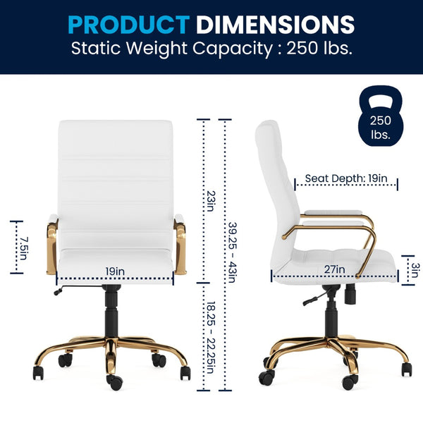 English Elm Whitney High Back Executive Swivel Office Chair - Ergonomic Comfort for Productive Workdays White LeatherSoft/Gold Frame GO-2286H-WH-GLD-GG