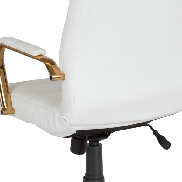 English Elm Whitney High Back Executive Swivel Office Chair - Ergonomic Comfort for Productive Workdays White LeatherSoft/Gold Frame GO-2286H-WH-GLD-GG