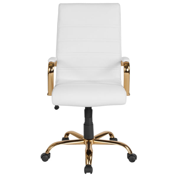 English Elm Whitney High Back Executive Swivel Office Chair - Ergonomic Comfort for Productive Workdays White LeatherSoft/Gold Frame GO-2286H-WH-GLD-GG