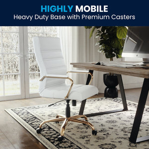 English Elm Whitney High Back Executive Swivel Office Chair - Ergonomic Comfort for Productive Workdays White LeatherSoft/Gold Frame GO-2286H-WH-GLD-GG