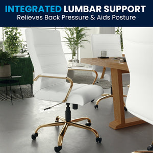 English Elm Whitney High Back Executive Swivel Office Chair - Ergonomic Comfort for Productive Workdays White LeatherSoft/Gold Frame GO-2286H-WH-GLD-GG