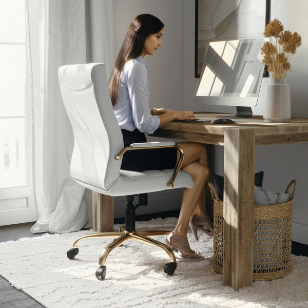 English Elm Whitney High Back Executive Swivel Office Chair - Ergonomic Comfort for Productive Workdays White LeatherSoft/Gold Frame GO-2286H-WH-GLD-GG