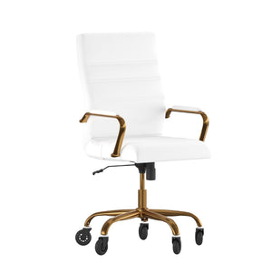 English Elm Whitney High Back Executive Swivel Office Chair - Ergonomic Design with Transparent Roller Wheels White LeatherSoft/Gold Frame GO-2286H-WH-GLD-RLB-GG