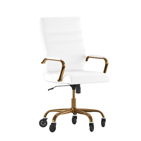 English Elm Whitney High Back Executive Swivel Office Chair - Ergonomic Design with Transparent Roller Wheels White LeatherSoft/Gold Frame GO-2286H-WH-GLD-RLB-GG
