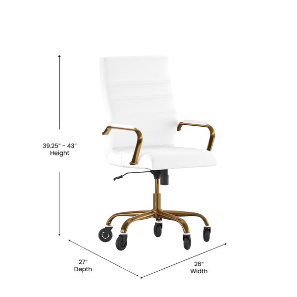 English Elm Whitney High Back Executive Swivel Office Chair - Ergonomic Design with Transparent Roller Wheels White LeatherSoft/Gold Frame GO-2286H-WH-GLD-RLB-GG