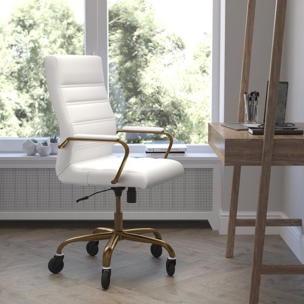 English Elm Whitney High Back Executive Swivel Office Chair - Ergonomic Design with Transparent Roller Wheels White LeatherSoft/Gold Frame GO-2286H-WH-GLD-RLB-GG