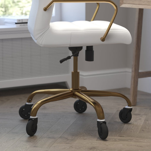 English Elm Whitney High Back Executive Swivel Office Chair - Ergonomic Design with Transparent Roller Wheels White LeatherSoft/Gold Frame GO-2286H-WH-GLD-RLB-GG
