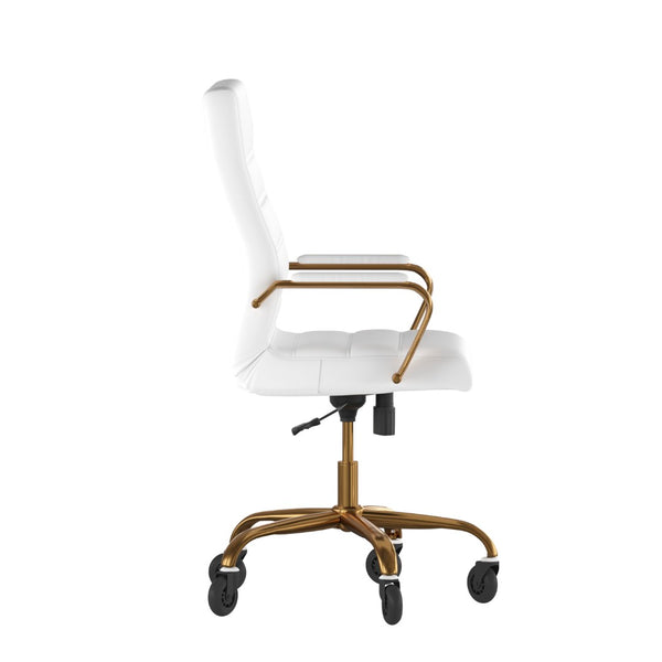 English Elm Whitney High Back Executive Swivel Office Chair - Ergonomic Design with Transparent Roller Wheels White LeatherSoft/Gold Frame GO-2286H-WH-GLD-RLB-GG