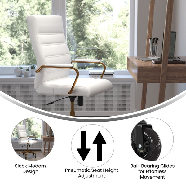 English Elm Whitney High Back Executive Swivel Office Chair - Ergonomic Design with Transparent Roller Wheels White LeatherSoft/Gold Frame GO-2286H-WH-GLD-RLB-GG