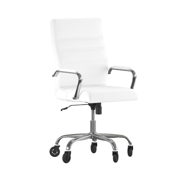 English Elm Whitney High Back Executive Swivel Office Chair - Ergonomic Design with Transparent Roller Wheels White LeatherSoft/Chrome Frame GO-2286H-WH-RLB-GG