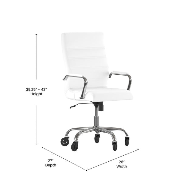 English Elm Whitney High Back Executive Swivel Office Chair - Ergonomic Design with Transparent Roller Wheels White LeatherSoft/Chrome Frame GO-2286H-WH-RLB-GG