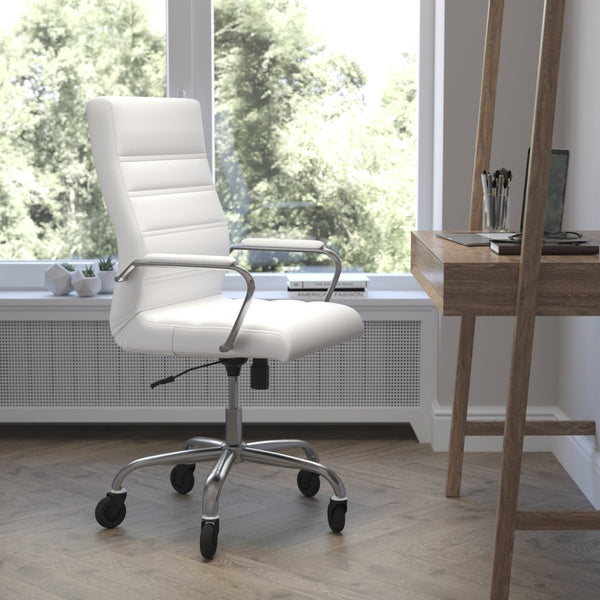 English Elm Whitney High Back Executive Swivel Office Chair - Ergonomic Design with Transparent Roller Wheels White LeatherSoft/Chrome Frame GO-2286H-WH-RLB-GG