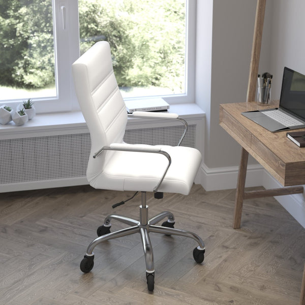 English Elm Whitney High Back Executive Swivel Office Chair - Ergonomic Design with Transparent Roller Wheels White LeatherSoft/Chrome Frame GO-2286H-WH-RLB-GG