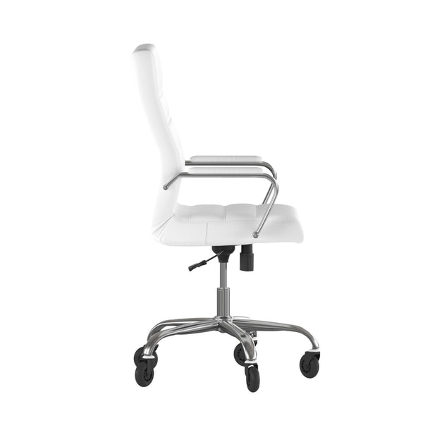 English Elm Whitney High Back Executive Swivel Office Chair - Ergonomic Design with Transparent Roller Wheels White LeatherSoft/Chrome Frame GO-2286H-WH-RLB-GG