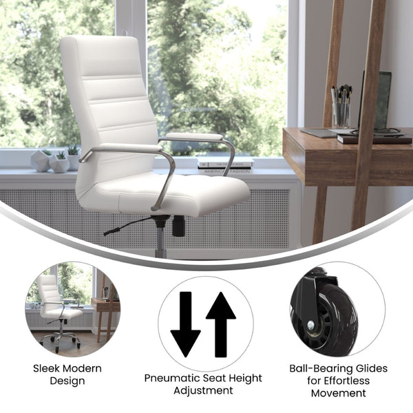English Elm Whitney High Back Executive Swivel Office Chair - Ergonomic Design with Transparent Roller Wheels White LeatherSoft/Chrome Frame GO-2286H-WH-RLB-GG