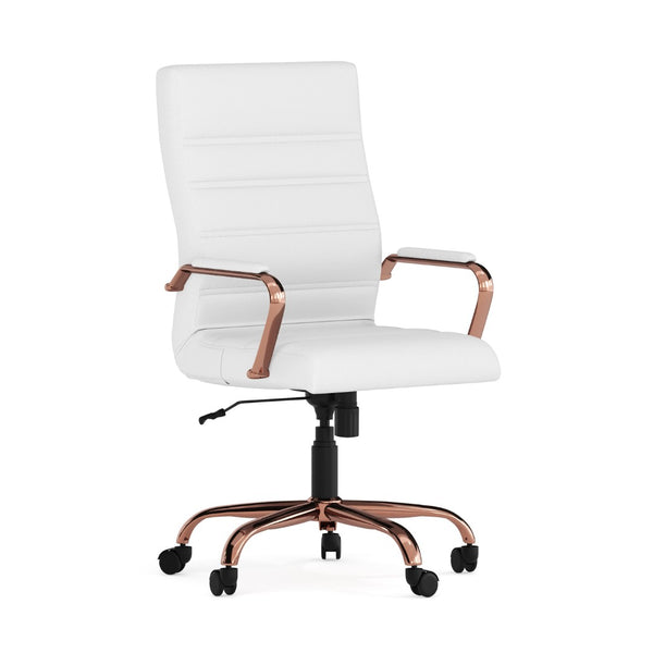 English Elm Whitney High Back Executive Swivel Office Chair - Ergonomic Comfort for Productive Workdays White LeatherSoft/Rose Gold Frame GO-2286H-WH-RSGLD-GG