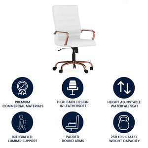 English Elm Whitney High Back Executive Swivel Office Chair - Ergonomic Comfort for Productive Workdays White LeatherSoft/Rose Gold Frame GO-2286H-WH-RSGLD-GG