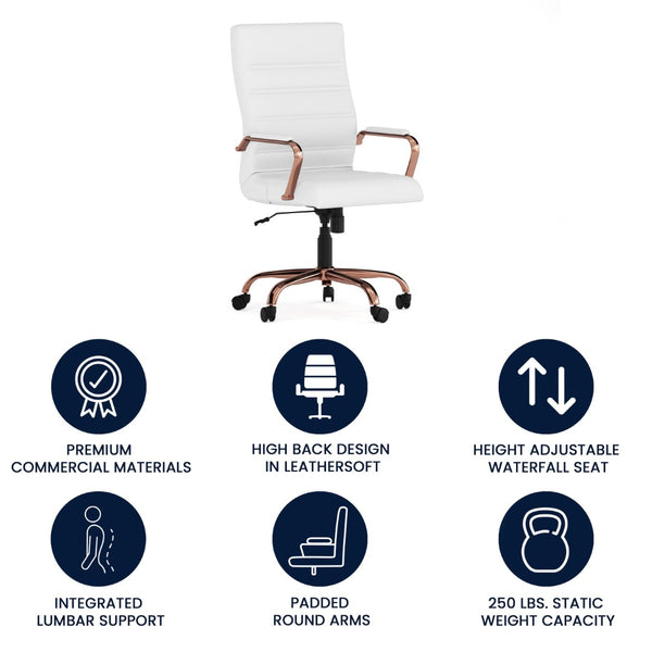 English Elm Whitney High Back Executive Swivel Office Chair - Ergonomic Comfort for Productive Workdays White LeatherSoft/Rose Gold Frame GO-2286H-WH-RSGLD-GG