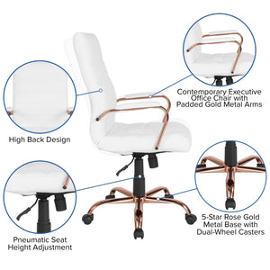 English Elm Whitney High Back Executive Swivel Office Chair - Ergonomic Comfort for Productive Workdays White LeatherSoft/Rose Gold Frame GO-2286H-WH-RSGLD-GG