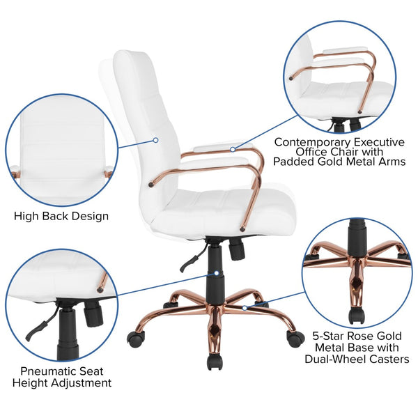 English Elm Whitney High Back Executive Swivel Office Chair - Ergonomic Comfort for Productive Workdays White LeatherSoft/Rose Gold Frame GO-2286H-WH-RSGLD-GG