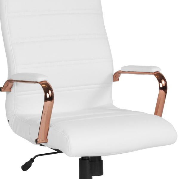 English Elm Whitney High Back Executive Swivel Office Chair - Ergonomic Comfort for Productive Workdays White LeatherSoft/Rose Gold Frame GO-2286H-WH-RSGLD-GG