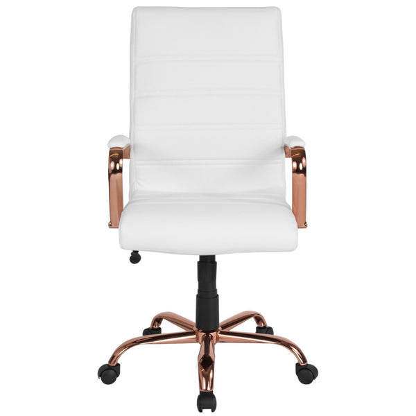 English Elm Whitney High Back Executive Swivel Office Chair - Ergonomic Comfort for Productive Workdays White LeatherSoft/Rose Gold Frame GO-2286H-WH-RSGLD-GG
