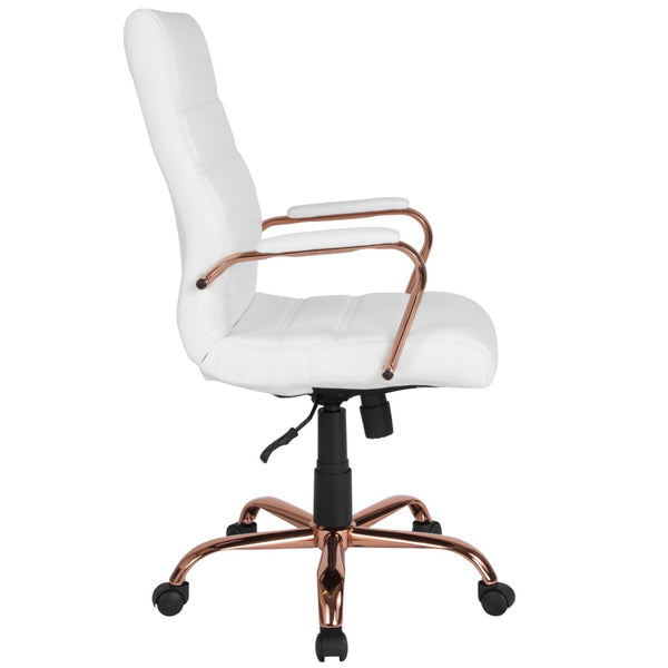 English Elm Whitney High Back Executive Swivel Office Chair - Ergonomic Comfort for Productive Workdays White LeatherSoft/Rose Gold Frame GO-2286H-WH-RSGLD-GG