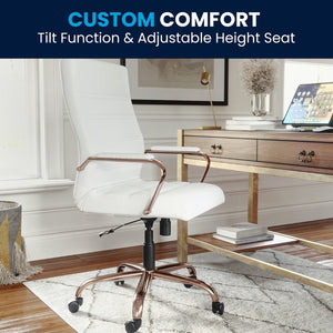 English Elm Whitney High Back Executive Swivel Office Chair - Ergonomic Comfort for Productive Workdays White LeatherSoft/Rose Gold Frame GO-2286H-WH-RSGLD-GG