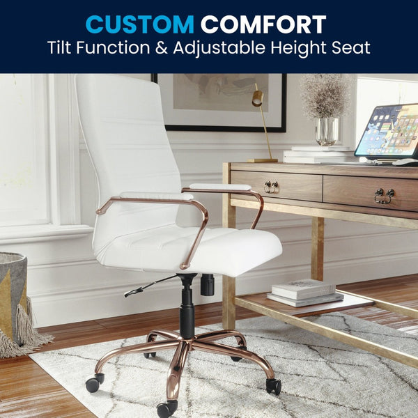 English Elm Whitney High Back Executive Swivel Office Chair - Ergonomic Comfort for Productive Workdays White LeatherSoft/Rose Gold Frame GO-2286H-WH-RSGLD-GG