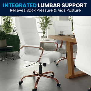 English Elm Whitney High Back Executive Swivel Office Chair - Ergonomic Comfort for Productive Workdays White LeatherSoft/Rose Gold Frame GO-2286H-WH-RSGLD-GG