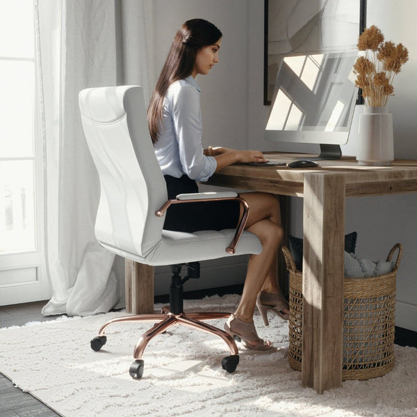 English Elm Whitney High Back Executive Swivel Office Chair - Ergonomic Comfort for Productive Workdays White LeatherSoft/Rose Gold Frame GO-2286H-WH-RSGLD-GG