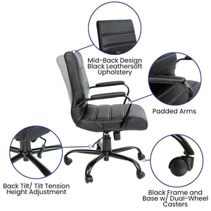 English Elm Whitney Mid-Back Executive Swivel Office Chair - Ergonomic Support, Stylish Design, Adjustable Comfort Black LeatherSoft/Black Frame GO-2286M-BK-BK-GG