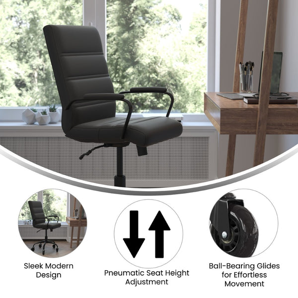 English Elm Camilia Mid-Back Executive Swivel Office Chair - Ergonomic Design for Comfort and Style at Work Black LeatherSoft/Black Frame GO-2286M-BK-BK-RLB-GG