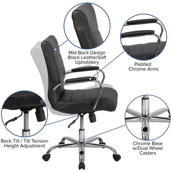 English Elm Whitney Mid-Back Executive Swivel Office Chair - Ergonomic Support, Stylish Design, Adjustable Comfort Black LeatherSoft/Chrome Frame GO-2286M-BK-GG