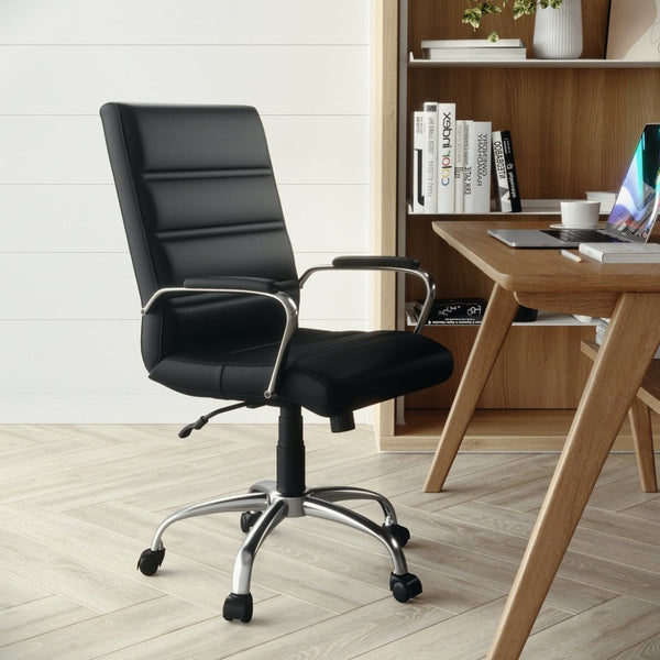 English Elm Whitney Mid-Back Executive Swivel Office Chair - Ergonomic Support, Stylish Design, Adjustable Comfort Black LeatherSoft/Chrome Frame GO-2286M-BK-GG