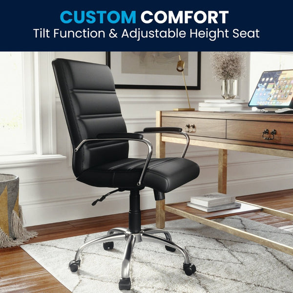 English Elm Whitney Mid-Back Executive Swivel Office Chair - Ergonomic Support, Stylish Design, Adjustable Comfort Black LeatherSoft/Chrome Frame GO-2286M-BK-GG