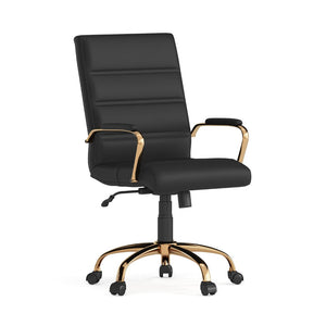English Elm Whitney Mid-Back Executive Swivel Office Chair - Ergonomic Support, Stylish Design, Adjustable Comfort Black LeatherSoft/Gold Frame GO-2286M-BK-GLD-GG