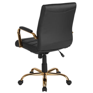 English Elm Whitney Mid-Back Executive Swivel Office Chair - Ergonomic Support, Stylish Design, Adjustable Comfort Black LeatherSoft/Gold Frame GO-2286M-BK-GLD-GG
