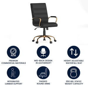 English Elm Whitney Mid-Back Executive Swivel Office Chair - Ergonomic Support, Stylish Design, Adjustable Comfort Black LeatherSoft/Gold Frame GO-2286M-BK-GLD-GG