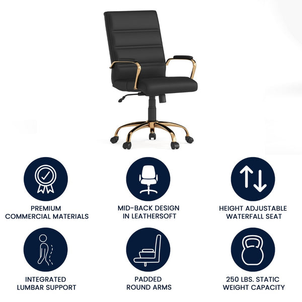 English Elm Whitney Mid-Back Executive Swivel Office Chair - Ergonomic Support, Stylish Design, Adjustable Comfort Black LeatherSoft/Gold Frame GO-2286M-BK-GLD-GG