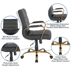 English Elm Whitney Mid-Back Executive Swivel Office Chair - Ergonomic Support, Stylish Design, Adjustable Comfort Black LeatherSoft/Gold Frame GO-2286M-BK-GLD-GG