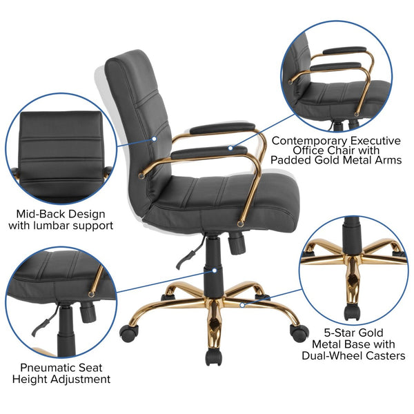 English Elm Whitney Mid-Back Executive Swivel Office Chair - Ergonomic Support, Stylish Design, Adjustable Comfort Black LeatherSoft/Gold Frame GO-2286M-BK-GLD-GG